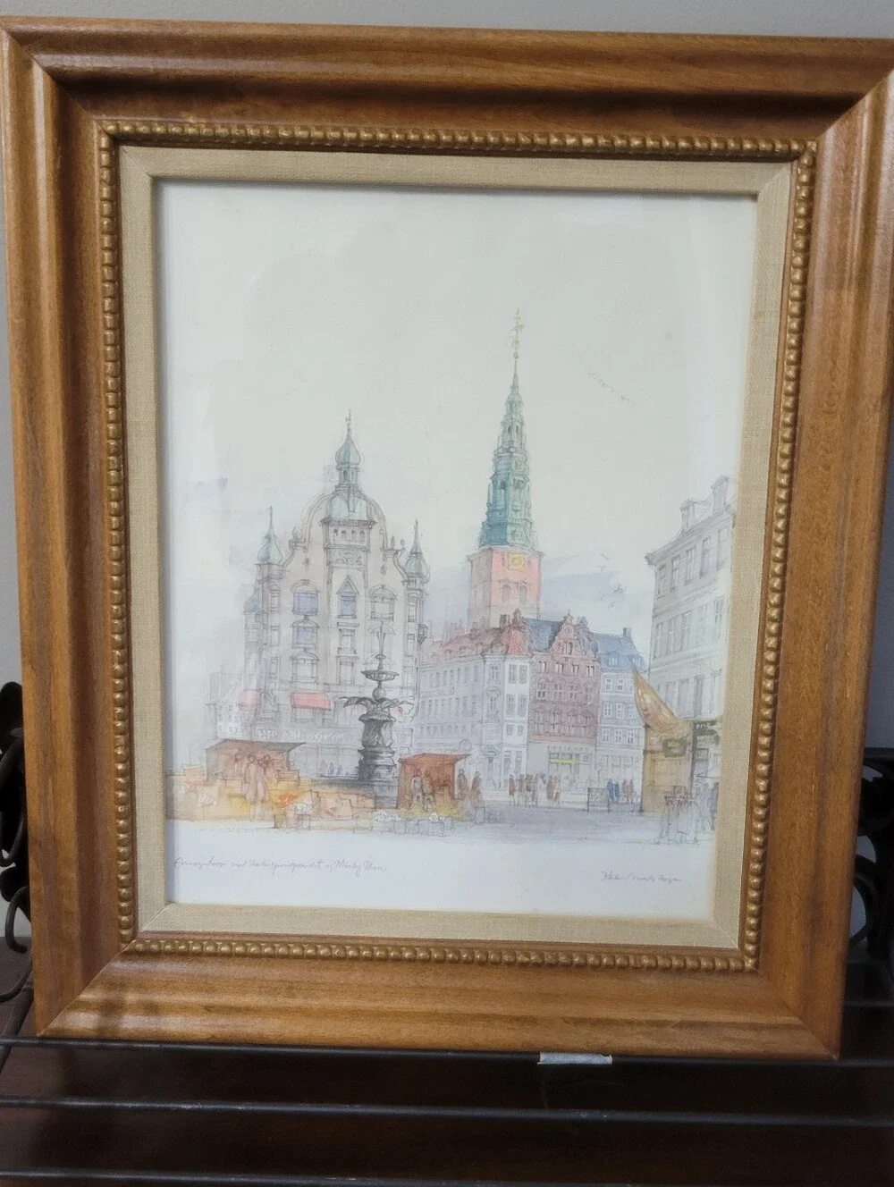 Mid-Century Danish Artist Mads Stage Copenhagen Cityscape Watercolor Print Frame